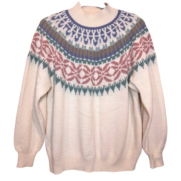 Alfred Dunner Sweaters - Fair Isle Knit Sweater Size L Mock Neck Pastel Pullover Yoked winter ski 80s